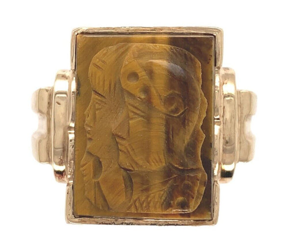 10k Gold Men's Ring w/ Genuine Natural Tiger's Eye Double Warrior Cameo (#J6635)