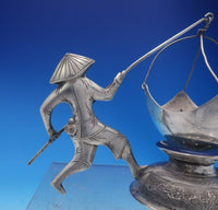 .900 Silver Tea Strainer Figural Man and Fishing Pole w/Net Hanoi Vietnam #3954