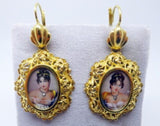 14k Gold Hand Painted Portrait Earrings with Genuine Natural Diamonds (#J3440)