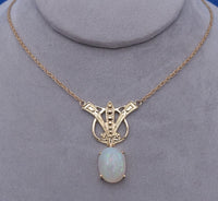 14k Yellow Gold Art Deco Style 8ct Genuine Natural Opal Necklace (#J6098)