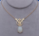 14k Yellow Gold Art Deco Style 8ct Genuine Natural Opal Necklace (#J6098)