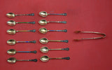 Norwegian Sterling Silver Coffee Spoon & Tongs 13-pc Set in Original Box Enamel