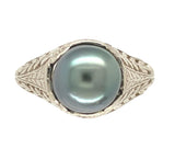 14k White Gold Filigree Deco Style 7.5mm Tahitian Black Pearl Ring 4.25 (#J7564)