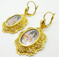 14k Gold Hand Painted Portrait Earrings with Genuine Natural Diamonds (#J3440)