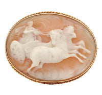 14k Yellow Gold Carved Shell Cameo Pin Brooch Chariot Pulled by Horses (#J6890)