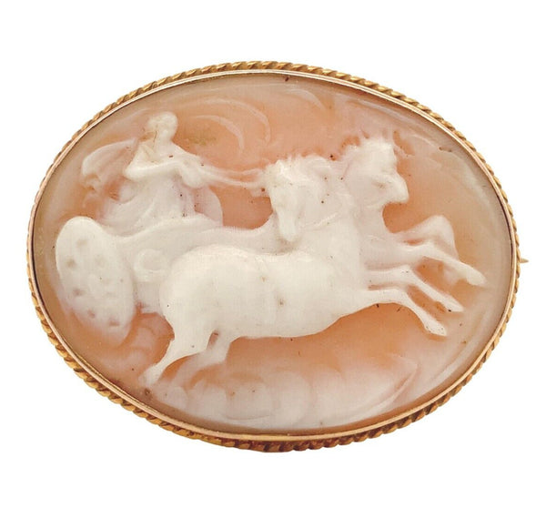 14k Yellow Gold Carved Shell Cameo Pin Brooch Chariot Pulled by Horses (#J6890)