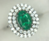 14k White Gold Genuine Natural Emerald Ring with Double Diamond Halo (#J3875)