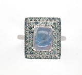 14k White Gold Rainbow Genuine Natural Moonstone Teal Sapphire Ring (#J6261)