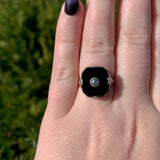 Art Deco 10k Gold Genuine Natural Black Onyx and Diamond Filigree Ring (#J7082)