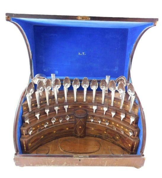 750 Silver (Unknown) Flatware Set Service 50 Pieces Fitted Box T Mono Vintage