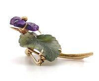 14k Yellow Gold Carved Genuine Amethyst Violet Flower and Jade Leaf Pin (#J7253)
