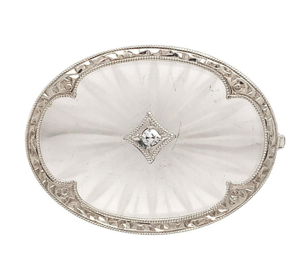 14k White Gold Genuine Natural Rock Crystal Quartz and Diamond Pin (#J7255)