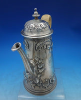 European Sterling Silver Tea Pot with Repousse and Chased Flowers Rattan (#6834)