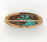 14k Yellow Gold Genuine Natural Turquoise Pin Signed "Bell" 1 1/4" (#J6048)