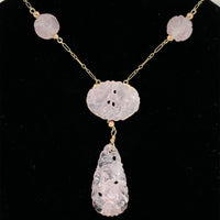 14k Yellow Gold Deco Carved Genuine Natural Rose Quartz Necklace (#J5926)