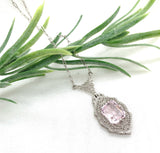 Art Deco 10k White Gold Filigree Pendant Necklace with Pink Stone (#J7357)