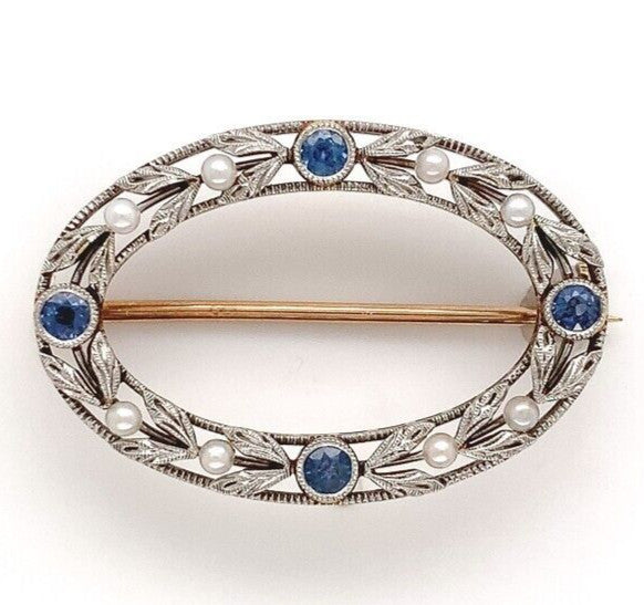 14k Yellow Gold and Platinum Montana Sapphire and Pearl Pin by Krementz (#J6272)