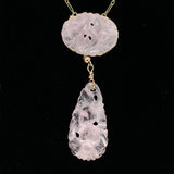 14k Yellow Gold Deco Carved Genuine Natural Rose Quartz Necklace (#J5926)