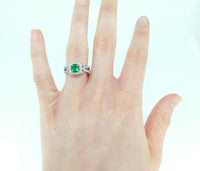 14k White Gold Genuine Natural Emerald and Diamond Halo Ring (#J5003)
