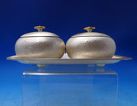 MW Korean Sterling Silver Tea Caddy Set 3pc w/Jade Finials Hammered Finish #7131