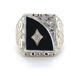 10k White Gold Genuine Natural Black Onyx Men's Ring with Diamonds (#J5829)