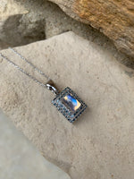 14k White Gold Rainbow Genuine Natural Moonstone Teal Sapphire Pendant (#J6260)