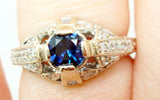18k Gold Art Deco Style Genuine Natural Blue Sapphire and Diamond Ring (#J2699)