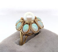 14k Yellow Gold Opal and Cultured Pearl Cocktail Ring Size 7 Jewelry (#J6026)