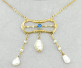 Art Nouveau 10k Yellow Gold Pearl Festoon Necklace w/Lab-Created Sapphire #J4381