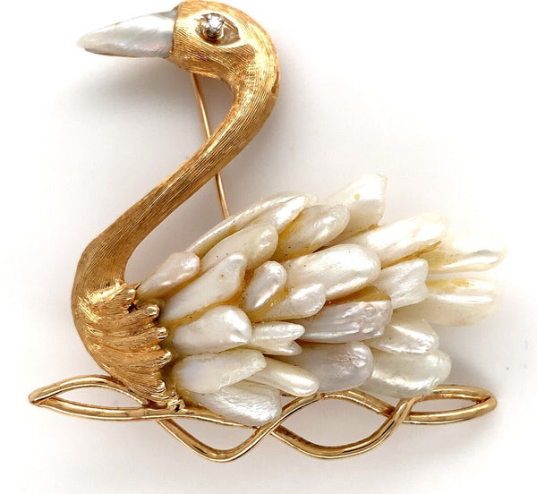 14k Yellow Gold Swan Brooch Pin with Freshwater River Pearls Jewelry (#J6236)
