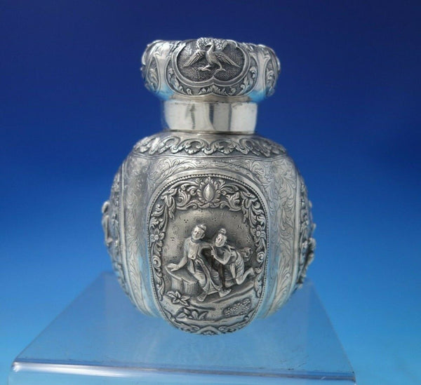 French Sterling Silver Tea Caddy with Figures and Peacocks 5" x 3 1/2" (#5832)