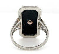 14k White Gold Filigree Genuine Natural Black Onyx and Diamond Ring (#J6612)