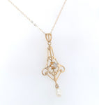 10k Yellow Gold Victorian Diamond Lavaliere with Pearl Drop (#J6429)