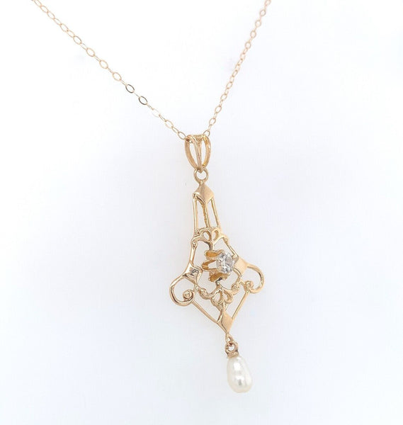 10k Yellow Gold Victorian Diamond Lavaliere with Pearl Drop (#J6429)