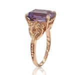 14k Rose Gold Emerald Cut Genuine Natural Amethyst Ring w/ Flowers Size 5 #J6904
