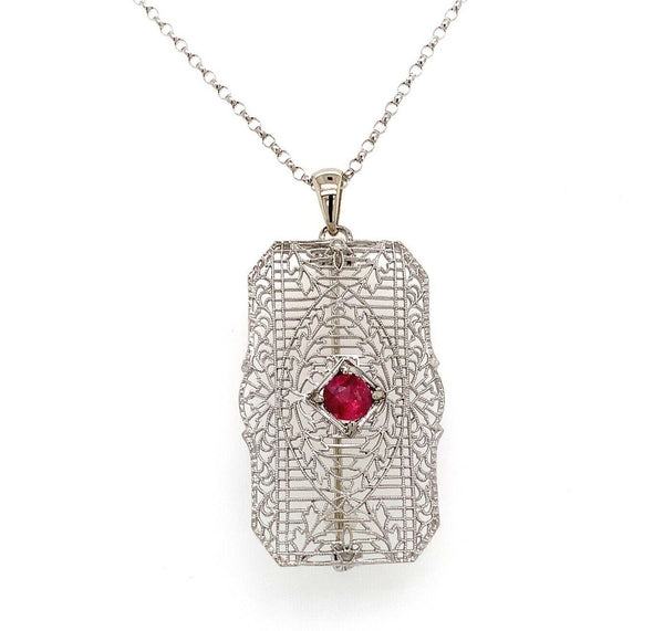 14k White Gold Art Deco Genuine Natural Ruby Filigree Pin Pendant (#J5601)