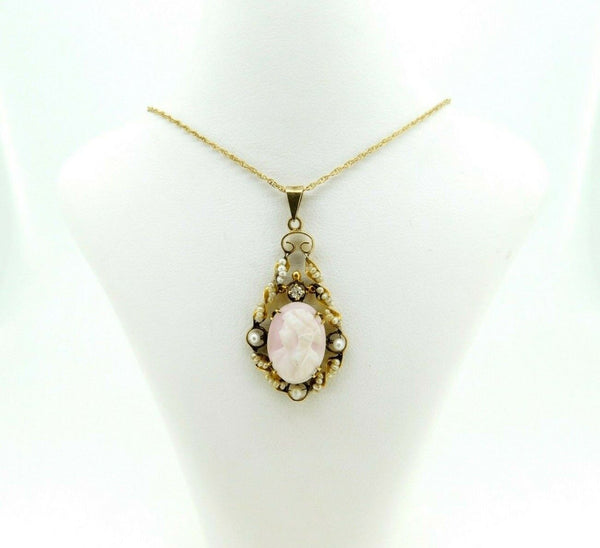 14k Yellow Gold Angel Skin Coral / Shell Cameo Lavaliere #J4412