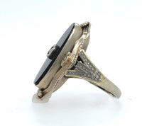 14k White Gold Genuine Natural Black Onyx Diamond Ring Scalloped Flowers #J6028