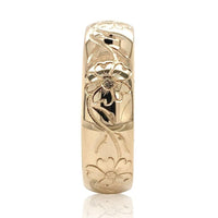 14k Yellow Gold Hand Engraved Wide Wedding Band Floral Ring Size 8.75 (#J6917)