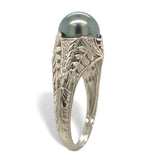 14k White Gold Filigree Deco Style 7.5mm Tahitian Black Pearl Ring 4.25 (#J7564)