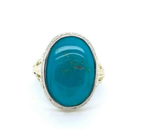 14k Yellow Gold Art Deco Teal Genuine Natural Turquoise Filigree Ring (#J5198)