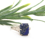 10k White Gold Genuine Natural Lapis Filigree Ring Size 7 Jewelry (#J7368)
