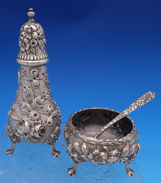 Repousse by Kirk Sterling Silver Open Salt Pepper Shaker & Spoon Set 3-pcs #8365