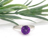 14k White Gold Victorian 1.05 Carat Genuine Natural Amethyst Ring 7.5 (#J7445)