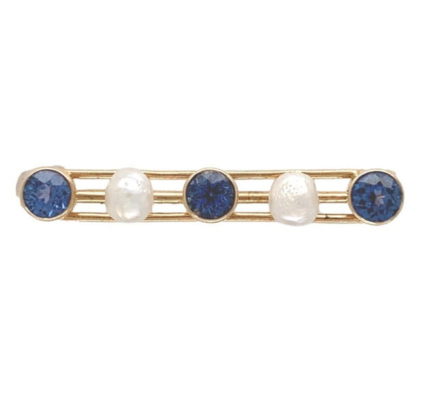 14k Yellow Gold Montana Sapphire and Pearl Bar Pin Signed Jewelry (#J7044)