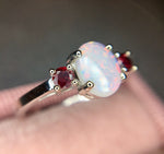 14k White Gold Genuine Natural Opal and Ruby Three Stone Ring (#J3863)