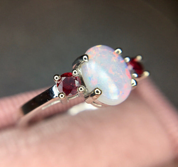 14k White Gold Genuine Natural Opal and Ruby Three Stone Ring (#J3863)
