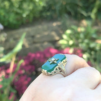 14k Gold Filigree Genuine Natural Green Onyx / Chrysoprase Diamond Ring (#J6213)