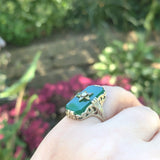 14k Gold Filigree Genuine Natural Green Onyx / Chrysoprase Diamond Ring (#J6213)