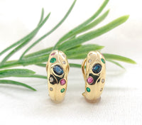 14k Yellow Gold Half Hoop Earrings w/Diamonds Sapphires Rubies Emeralds (#J7226)